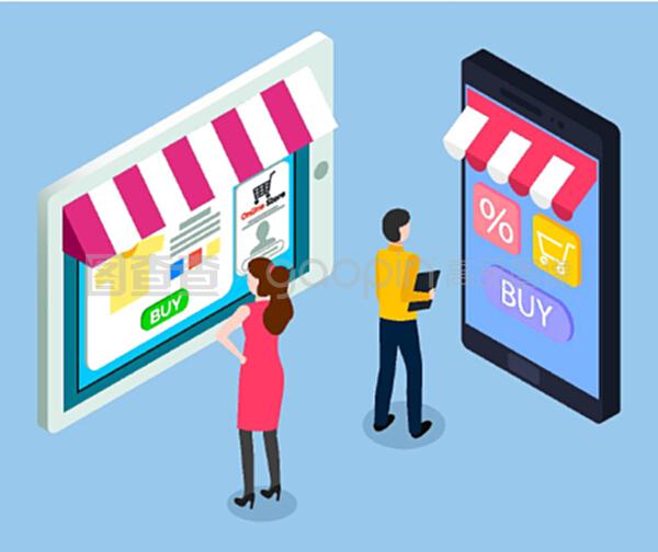 在線商店概念。銷售平板電腦和帶遮陽篷的智能手機。移動營銷和在線購物。男女客戶在虛擬商店屏幕上的電子產品應用中選擇產品。在線商店概念。銷售平板電腦和帶遮陽篷的智能手機。移動營銷和在線購物